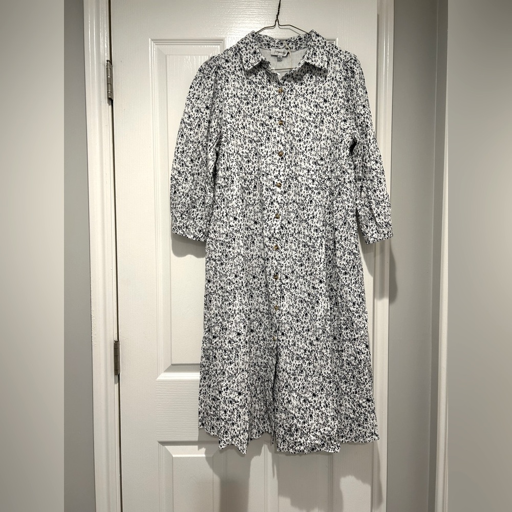 Empire waist blue and white floral midi dress.